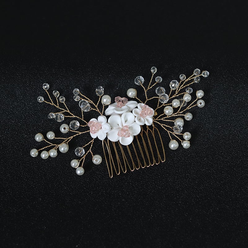 Щипка за коса във форма на цвете от сплав с перли и кристали, електроплатена ръчна изработка, подходяща за сватба