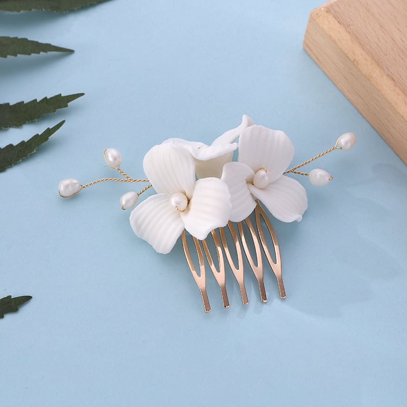 Щипка за коса във форма на цвете от сплав с перли и кристали, електроплатена ръчна изработка, подходяща за сватба