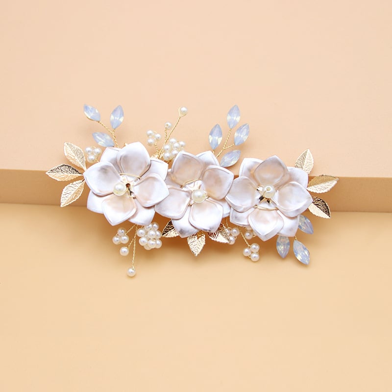 Щипка за коса във форма на цвете от сплав с перли и кристали, електроплатена ръчна изработка, подходяща за сватба