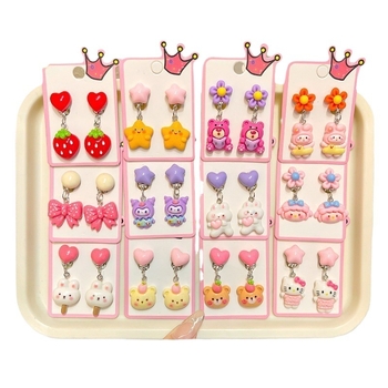 Bērnu auskari ar klipu bez caurumiem — jautrs princeses zīmējums meitenēm, pavasaris 2024