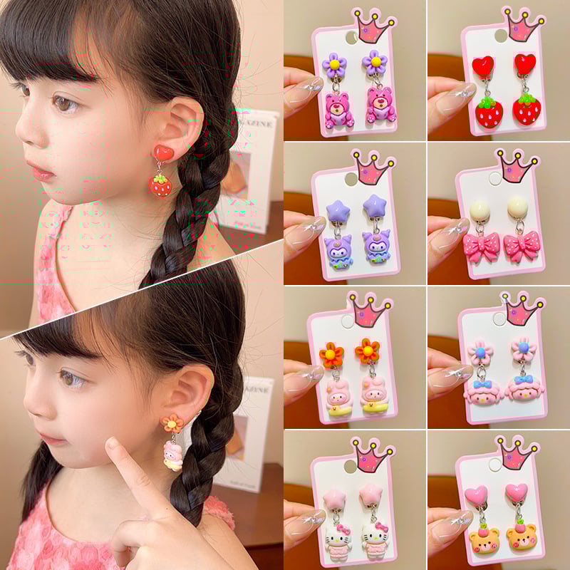 Bērnu auskari ar klipu bez caurumiem — jautrs princeses zīmējums meitenēm, pavasaris 2024