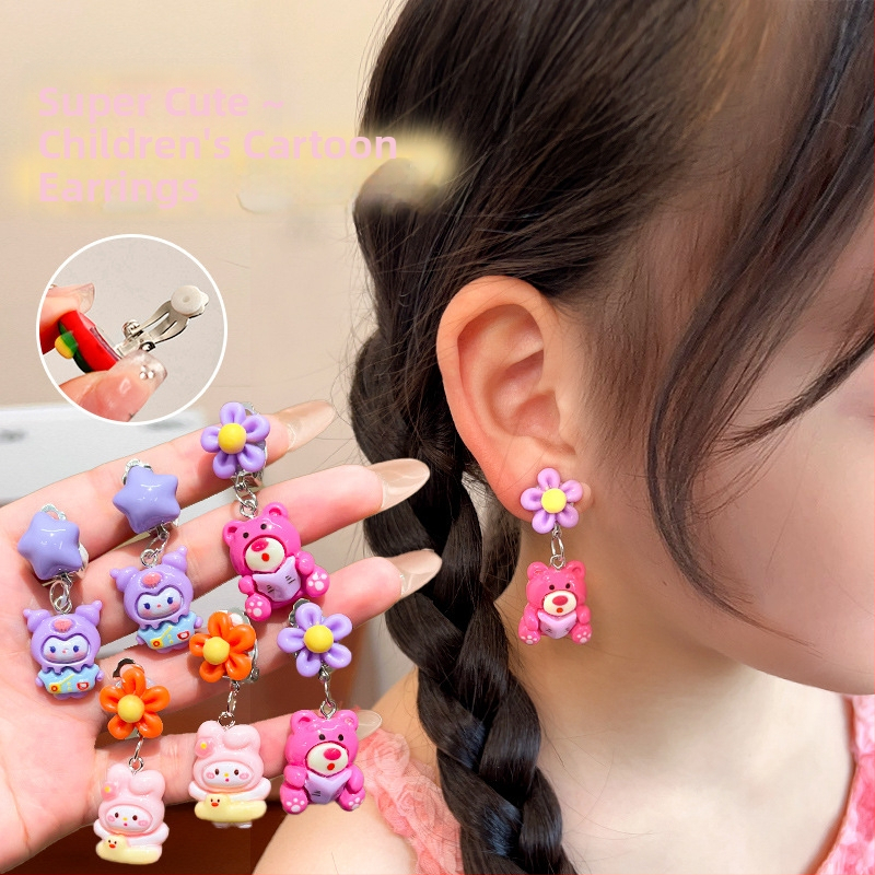 Detské náušnice s klipom bez dier – roztomilý kreslený dizajn princeznej pre dievčatá, jar 2024