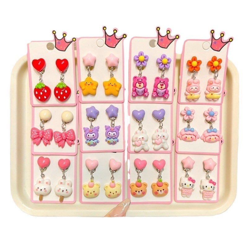 Bērnu auskari ar klipu bez caurumiem — jautrs princeses zīmējums meitenēm, pavasaris 2024