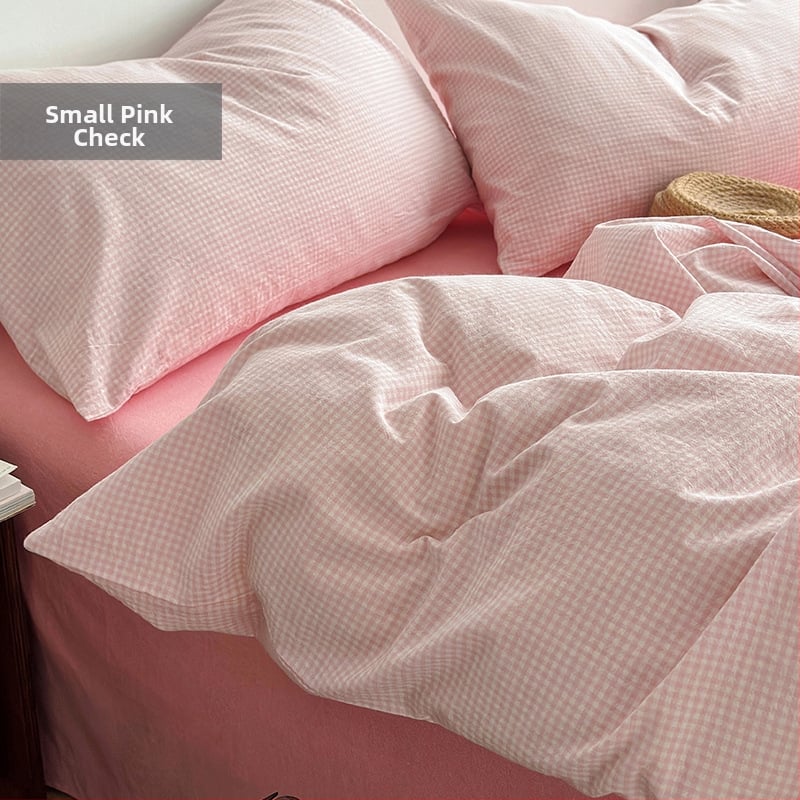 Keturių dalių patalynės komplektas iš 100% medvilnės, siūliniu dažymu, išplautas, languotas raštas