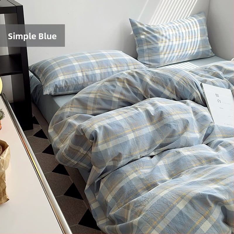 Keturių dalių patalynės komplektas iš 100% medvilnės, siūliniu dažymu, išplautas, languotas raštas