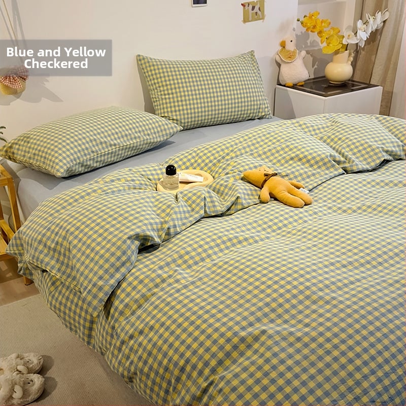 Keturių dalių patalynės komplektas iš 100% medvilnės, siūliniu dažymu, išplautas, languotas raštas