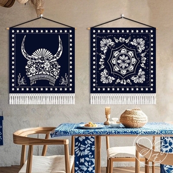 Tapiserie de perete în stil etnic Batik, bumbac, transfer termic digital, personalizabil pentru restaurante și spații comerciale