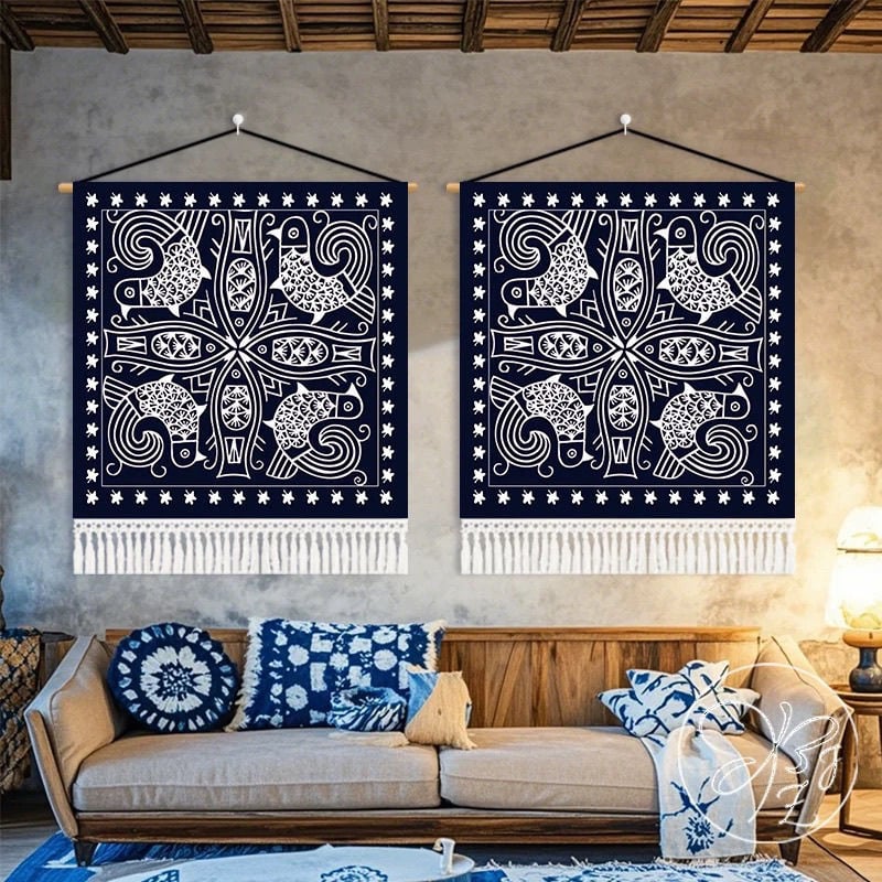 Tapiserie de perete în stil etnic Batik, bumbac, transfer termic digital, personalizabil pentru restaurante și spații comerciale