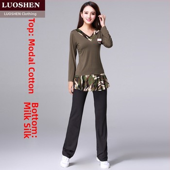 Κουστούμι τετραγωνισμένου χορού, Modal ύφασμα, καμουφλάζ μοτίβο, επένδυση από μιλκ σιλκ, για γυναίκες, για ομαδικές εμφανίσεις