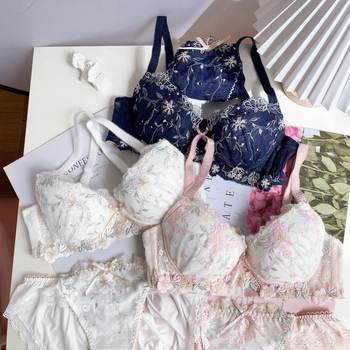 Set de sutiene cu dantelă brodată, cupă 3/4, fără modelare, bretele fixe, închizătoare spate cu două rânduri de catarame, stil clasic, push-up și strângere.