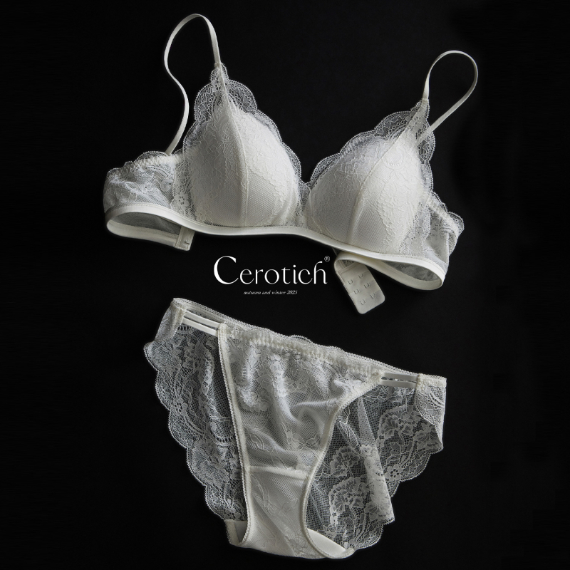 Set de sutiene cu dantelă franțuzească, cupe triunghiulare, 3/4, din nailon, cupe turnate subțiri, efect de strângere