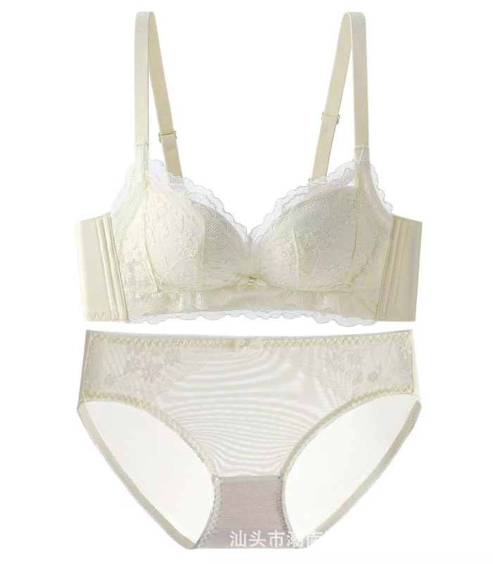 Nėrinių belaidė liemenėlė komplektas, 3/4 kaušelis, Mulberry šilko įdėklas, nugarinis trijų eilučių užsegimas