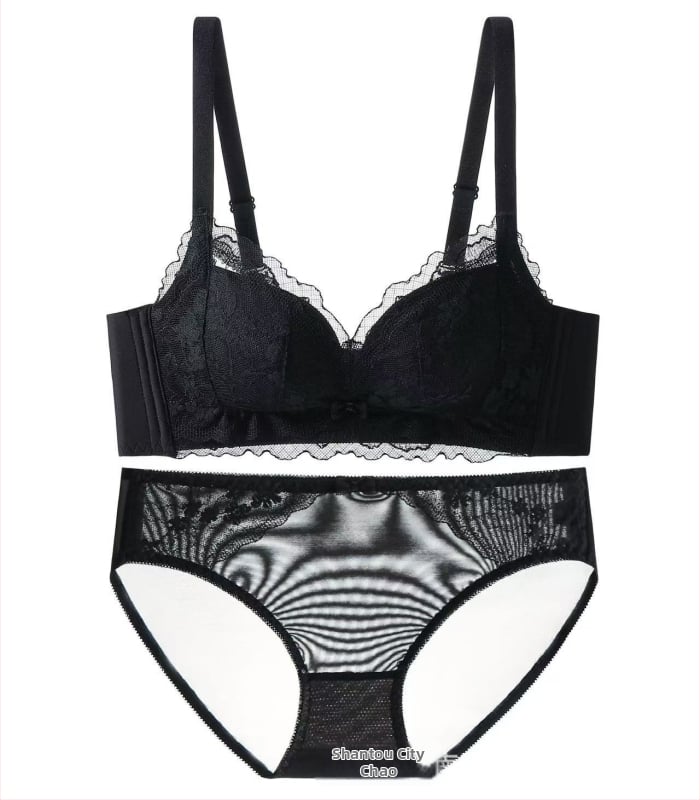 Nėrinių belaidė liemenėlė komplektas, 3/4 kaušelis, Mulberry šilko įdėklas, nugarinis trijų eilučių užsegimas