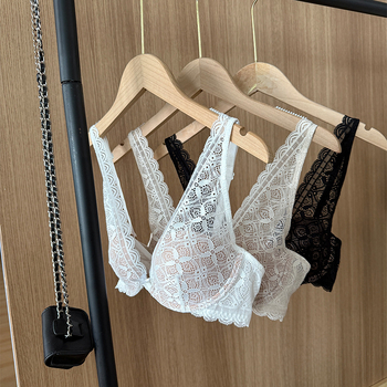 Seksi francuska čipka – komplet grudnjaka s dubokim V izrezom, košarice 3/4, ultra-tanke oblikovane košarice, prozračan i podržavajući