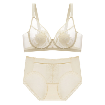 Set sutien dantelat, fără burete, cu inel moale de oțel pentru susținere, cupă 3/4, material nailon, închidere spate cu patru rânduri de cârlige și ochi