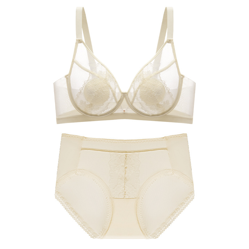 Set sutien dantelat, fără burete, cu inel moale de oțel pentru susținere, cupă 3/4, material nailon, închidere spate cu patru rânduri de cârlige și ochi