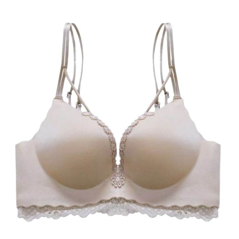 Sutien franțuzesc din dantelă, cupe 3/4, burete gros, material nylon, bretele fixe duble, susținere pentru spate