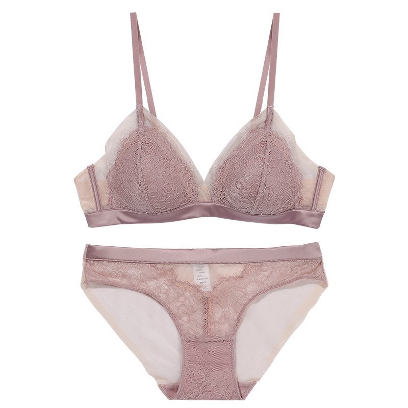 Set grudnjaka i gaćica s tankim franuskog trokutastog kup-stilom, čipka eyelash lace, bez žice, za male grudi, blag push-up efekt