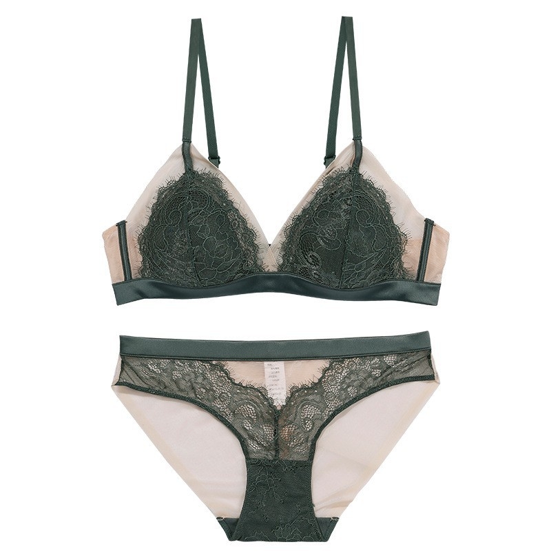 Set grudnjaka i gaćica s tankim franuskog trokutastog kup-stilom, čipka eyelash lace, bez žice, za male grudi, blag push-up efekt