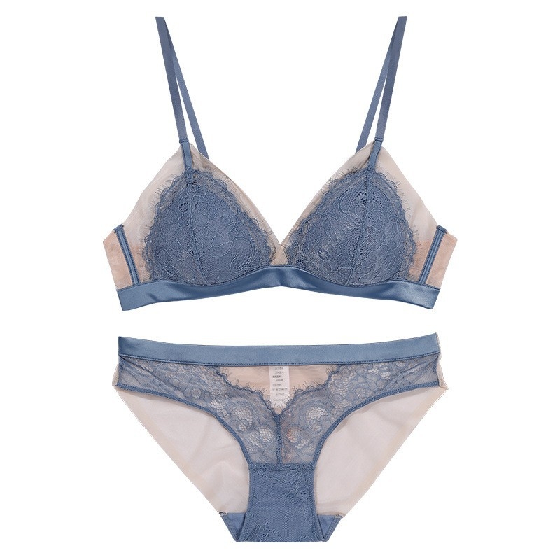 Set grudnjaka i gaćica s tankim franuskog trokutastog kup-stilom, čipka eyelash lace, bez žice, za male grudi, blag push-up efekt