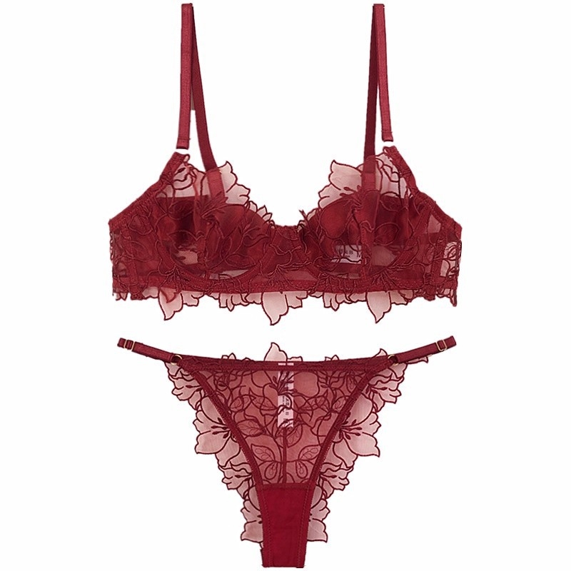 Seksi čipkasti set donjeg rublja — ultra-tanki, prozračni grudnjak s 3/4 košarica, dizajn nadahnut Francuskom, ljetna udobnost, vizualno čini grudi manjima.