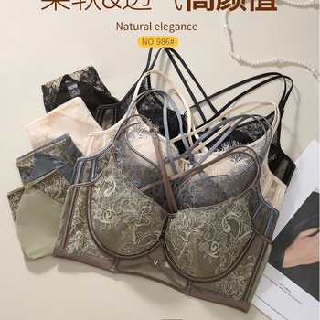 Set de sutiene Push-Up cu underwire, adunare laterală, dantelă brodată, design încrucișat, respirabil