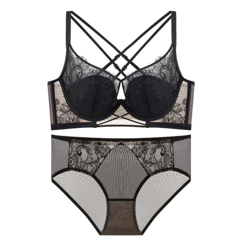 Set de sutiene Push-Up cu underwire, adunare laterală, dantelă brodată, design încrucișat, respirabil