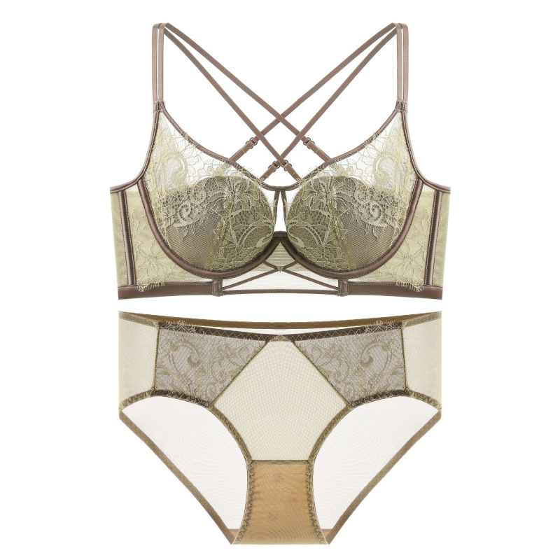 Set de sutiene Push-Up cu underwire, adunare laterală, dantelă brodată, design încrucișat, respirabil