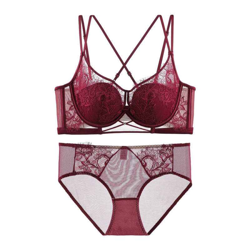 Set de sutiene Push-Up cu underwire, adunare laterală, dantelă brodată, design încrucișat, respirabil