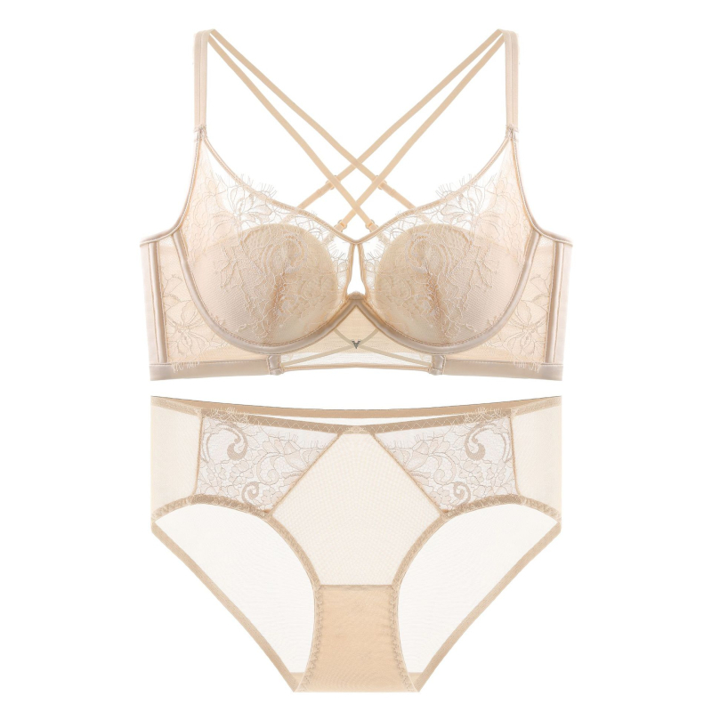 Set de sutiene Push-Up cu underwire, adunare laterală, dantelă brodată, design încrucișat, respirabil