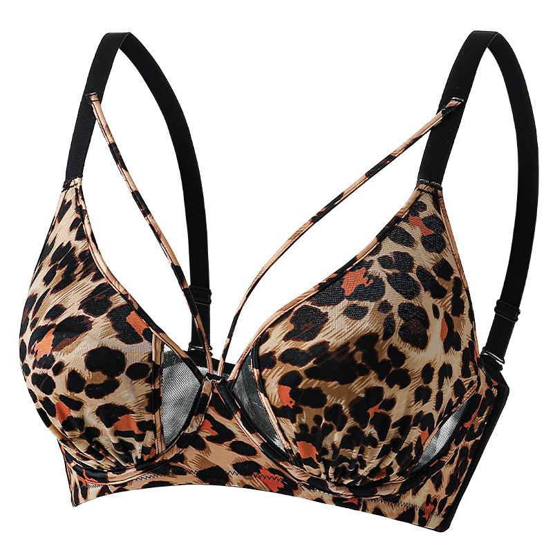Set de sutiene leopard din nylon, cupe tip urechi de iepure, cupe turnate ultra-subțiri, bretele fixe