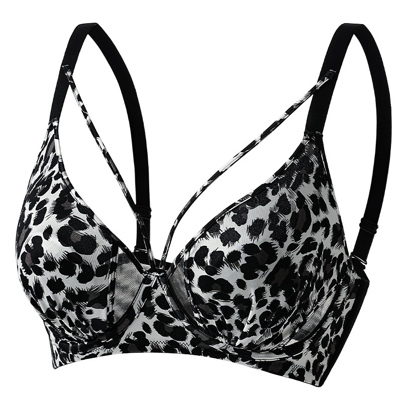 Set de sutiene leopard din nylon, cupe tip urechi de iepure, cupe turnate ultra-subțiri, bretele fixe
