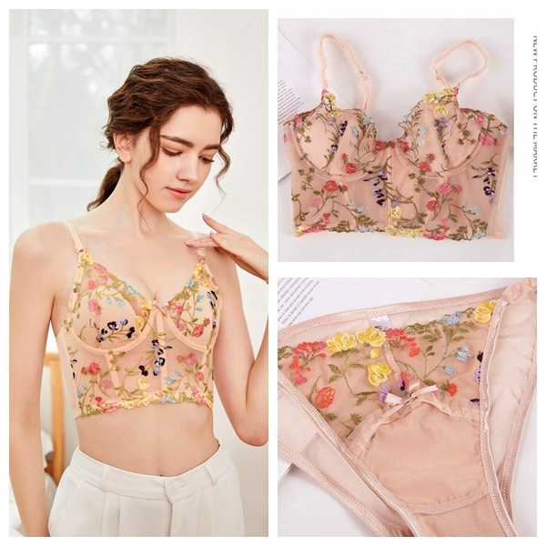 Set donjeg rublja od najlonske mreže s izšivanjem, košarica 3/4, tanke oblikovane košarice, fiksne dvostruke naramenice, stražnje zatvaranje s tri reda