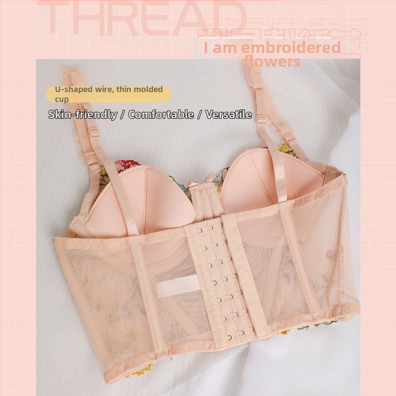 Set donjeg rublja od najlonske mreže s izšivanjem, košarica 3/4, tanke oblikovane košarice, fiksne dvostruke naramenice, stražnje zatvaranje s tri reda