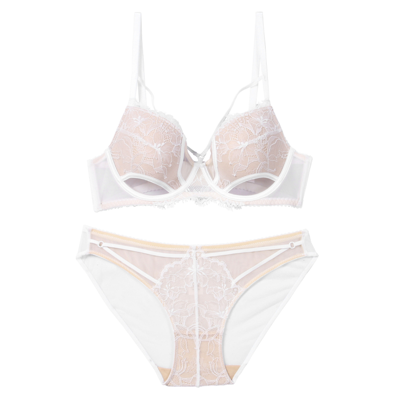 Francuski stil seksi čipkasti Push-Up grudnjak u kompletu, 3/4 košarice, tanke oblikovane košarice, fiksne dvostruke naramenice, prozračna čipka za ljeto