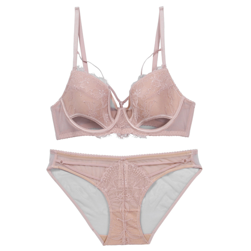 Francuski stil seksi čipkasti Push-Up grudnjak u kompletu, 3/4 košarice, tanke oblikovane košarice, fiksne dvostruke naramenice, prozračna čipka za ljeto