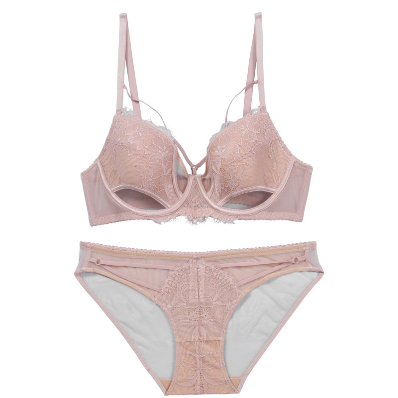 Francuski stil seksi čipkasti Push-Up grudnjak u kompletu, 3/4 košarice, tanke oblikovane košarice, fiksne dvostruke naramenice, prozračna čipka za ljeto