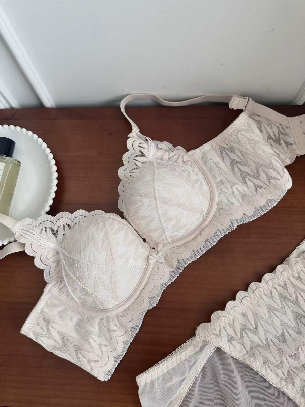 Čipkasti bežični set grudnjaka za male grudi, 3/4 košarice, tanke oblikovane šalice, fiksne naramenice, stražnji zatvarač s tri reda kopči