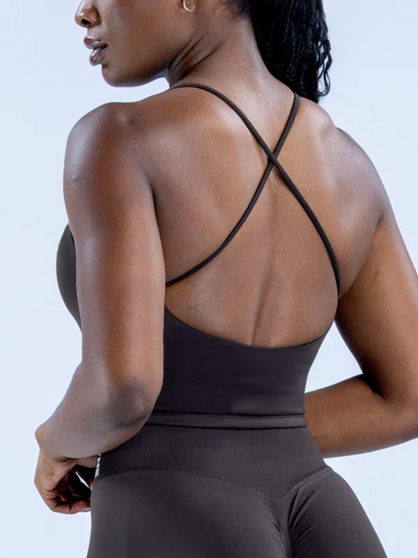 Женски потник за йога с кръстосани презрамки и вградени подплънки за бюст, найлон-спандекс 95/5, тесен силует, влагоотводящ, подходящ за бягане, фитнес и колоездене