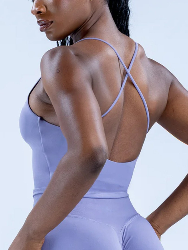 Женски потник за йога с кръстосани презрамки и вградени подплънки за бюст, найлон-спандекс 95/5, тесен силует, влагоотводящ, подходящ за бягане, фитнес и колоездене