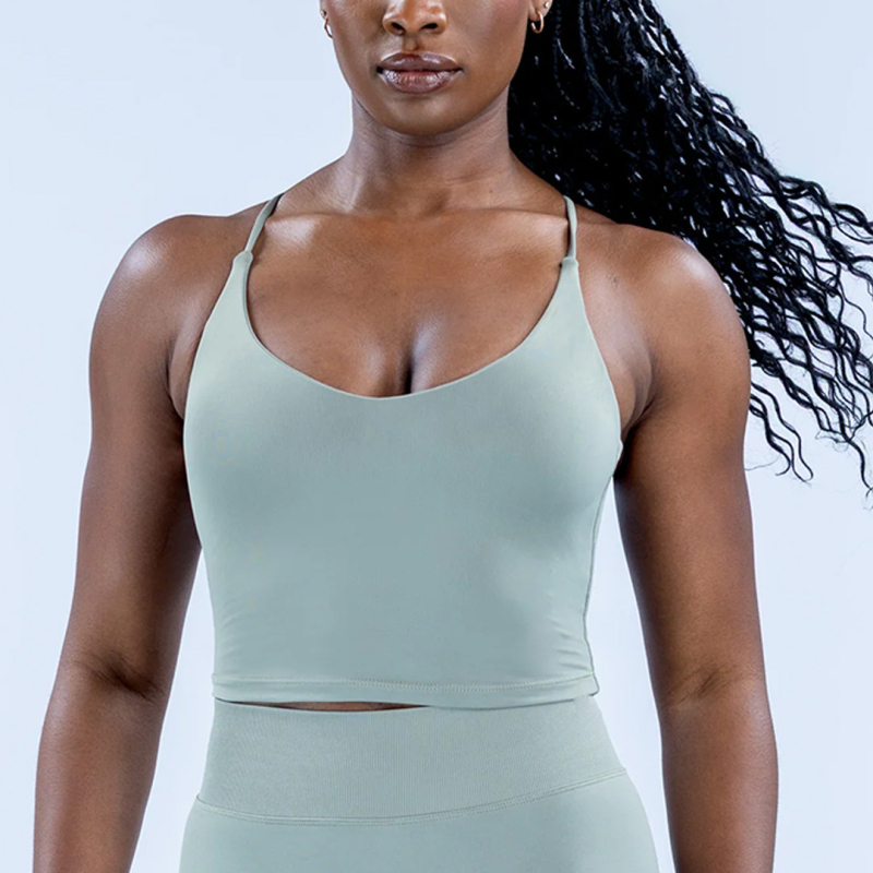 Женски потник за йога с кръстосани презрамки и вградени подплънки за бюст, найлон-спандекс 95/5, тесен силует, влагоотводящ, подходящ за бягане, фитнес и колоездене