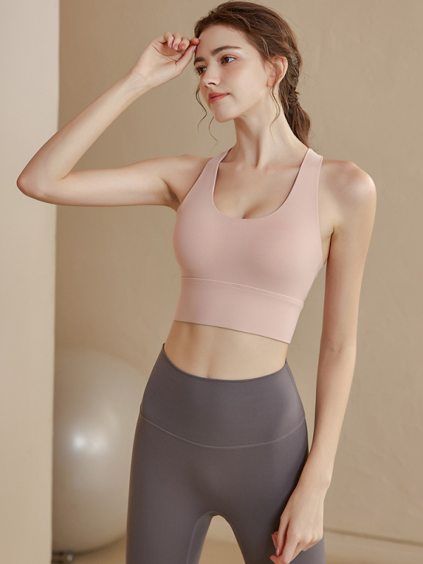 Женски спортен сутиен за йога и тренировки – пълна чашка, ултра тънки формовани чаши, найлонова материя с подплата от спандекс, фиксирани двойни презрамки, без метални пръстени
