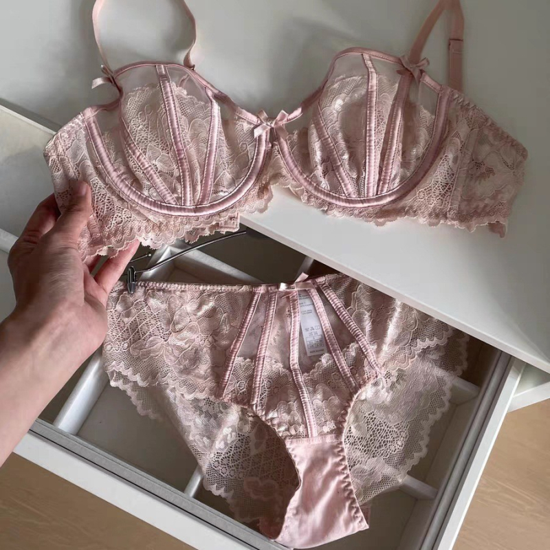 Čipkasti push-up grudnjak set, 3/4 košarice, lagani ljetni dizajn, motiv zeca ušiju, francuski stil