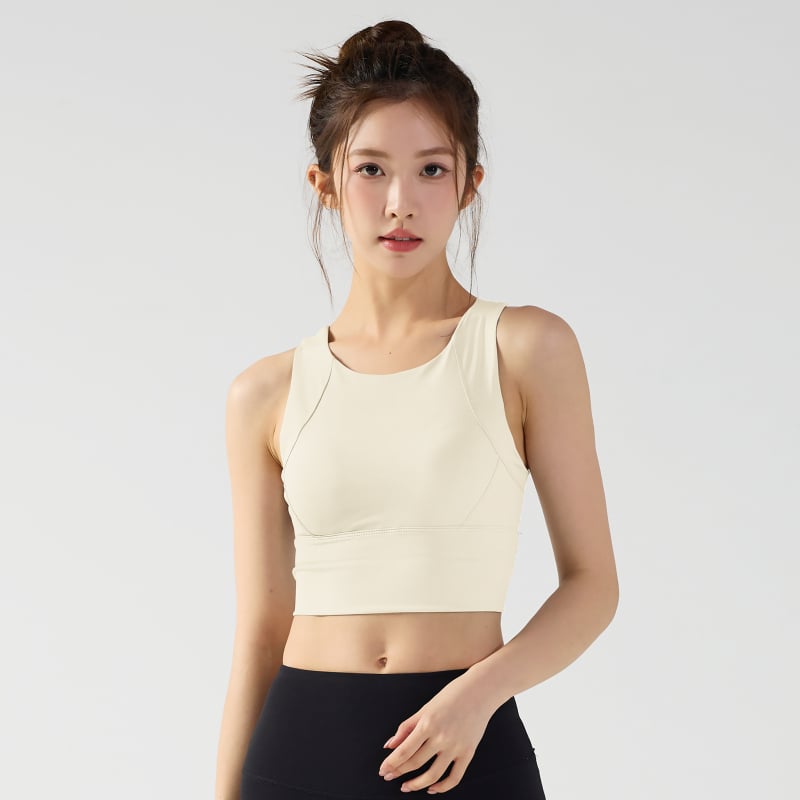 Спортен сутиен с пълни чашки, фиксирани двойни презрамки, дизайн от едно парче, нейлон-спандекс смес, подплата: спандекс