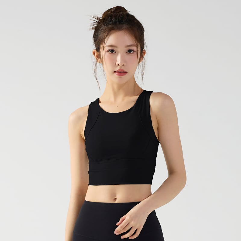 Спортен сутиен с пълни чашки, фиксирани двойни презрамки, дизайн от едно парче, нейлон-спандекс смес, подплата: спандекс