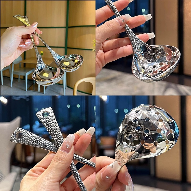 Kahe osaline roostevabast terasest supilusikas ja kurnamis lusikas komplekt, tekstuurne pind, 410 roostevaba teras, Ma Lun Guang poleerimine, kerge luksus retro stiil