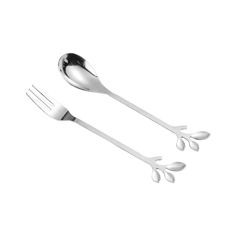 Set žlice i viljuse od nehrđajućeg čelika s oblikom lista, 2-dijelni set, moderan minimalistički stil, mogućnost otiska logotipa