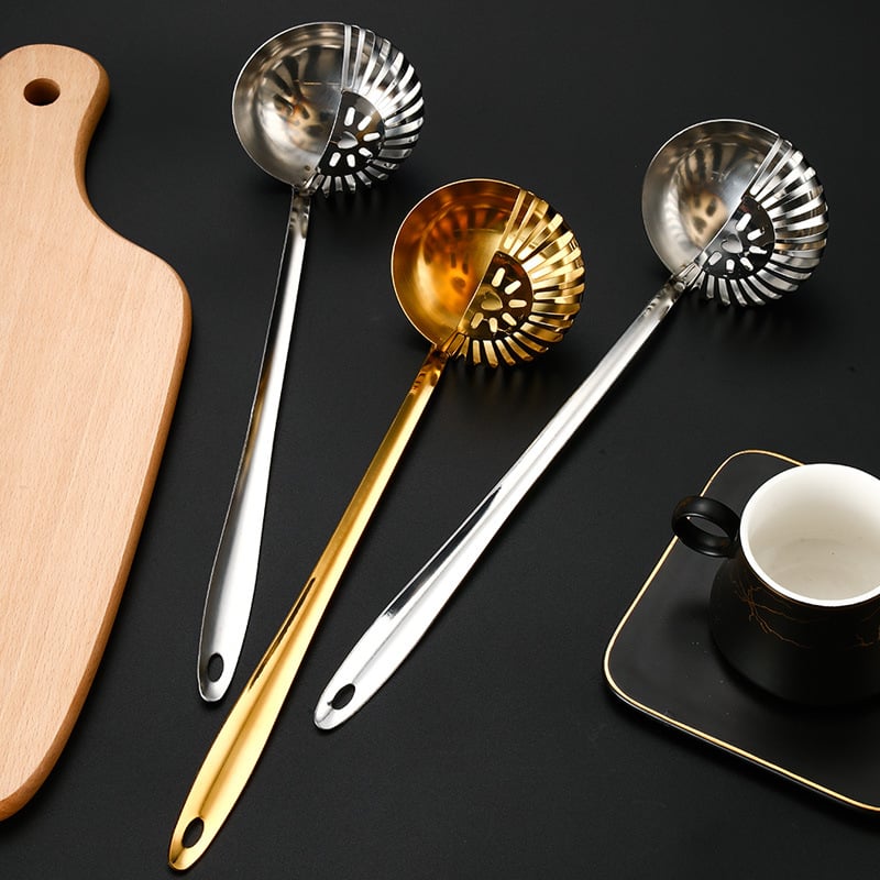 Rostevabast terasest kahekordse kasutusega keedukann lusikas sisseehitatud sõelaga, libisemiskindel, kuumuskindel