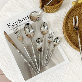 Σετ δυτικής μαχαιροπίρουνας από ανοξείδωτο ατσάλι 304, χτυπημένη υφή, χειροποίητο, καθρέπτισμα φινιρίσματος, ελαφρύς πολυτελής ρετρό στυλ