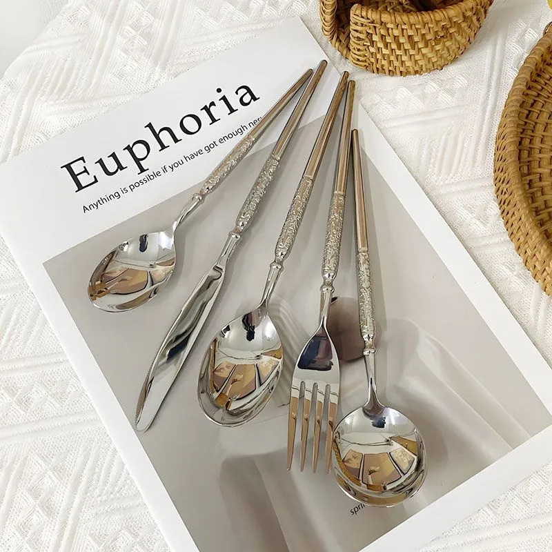 Σετ δυτικής μαχαιροπίρουνας από ανοξείδωτο ατσάλι 304, χτυπημένη υφή, χειροποίητο, καθρέπτισμα φινιρίσματος, ελαφρύς πολυτελής ρετρό στυλ